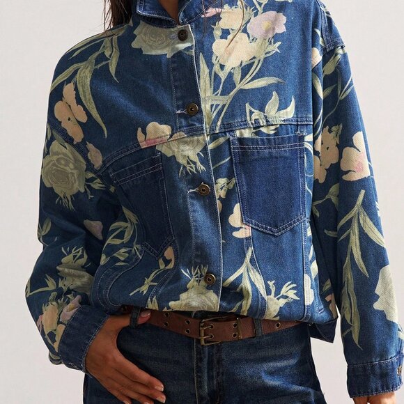 Blue Casual Women's Boho Music Festival Washed Print Denim Jacket - Picture 9 of 9